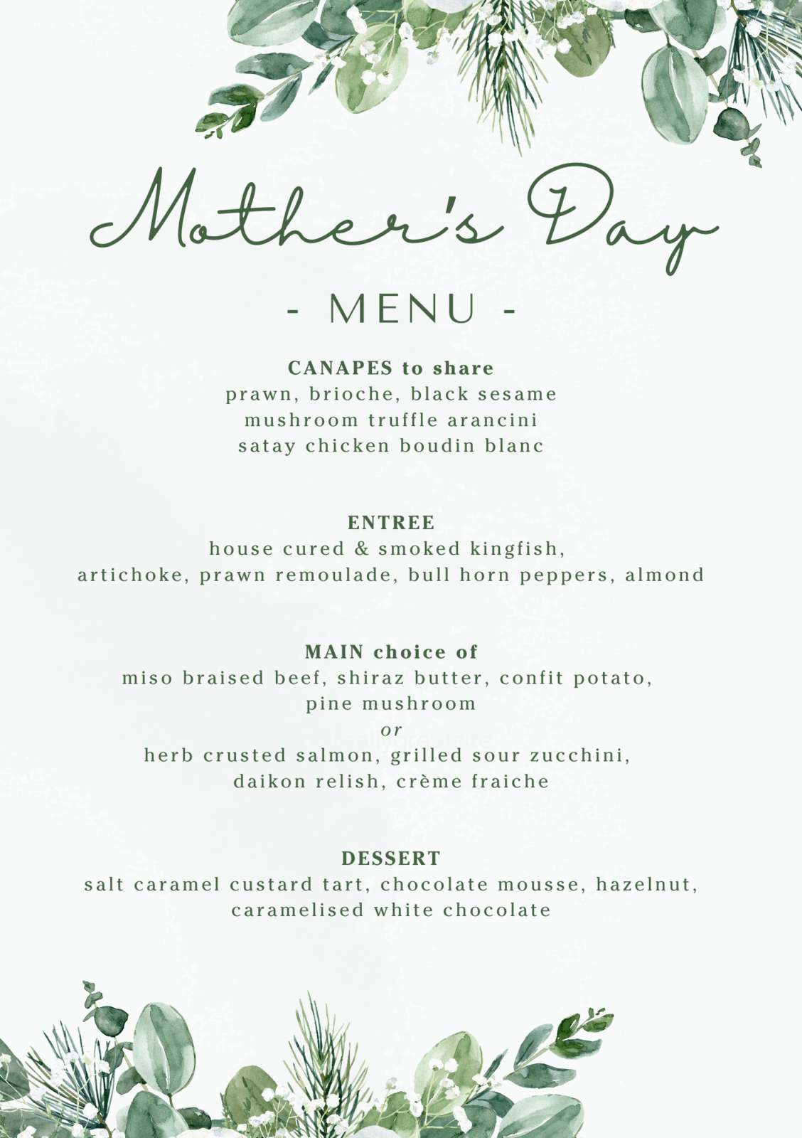 Mothers Day Menu